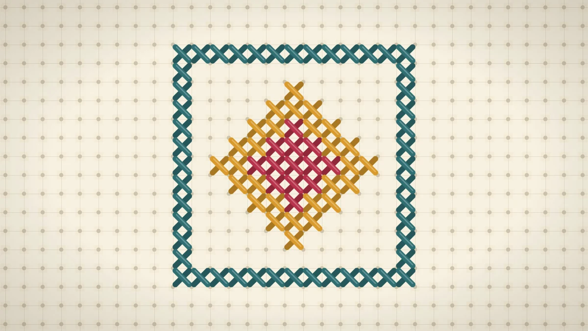 Small cross stitch square with a teal border and a honey and red diamond inside