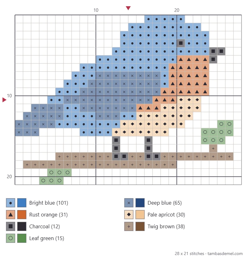 Printable symbol chart of the bluebird on a twig cross stitch pattern with grid and color key