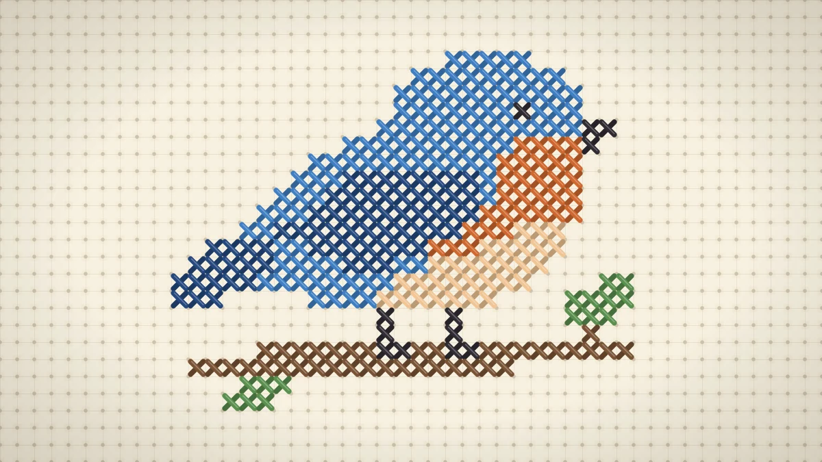 Small bluebird with rust orange breast perched on a leafy brown twig, cross stitched on cream Aida