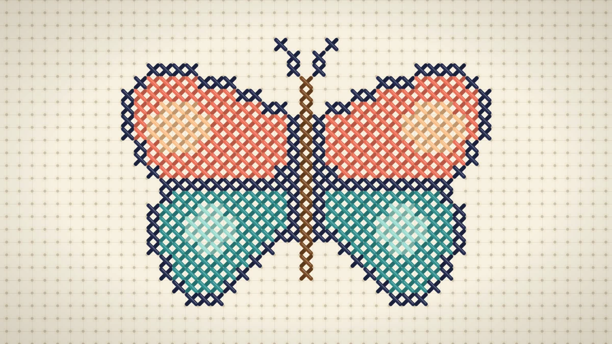 Symmetric butterfly with coral upper wings and teal lower wings cross stitched on cream Aida