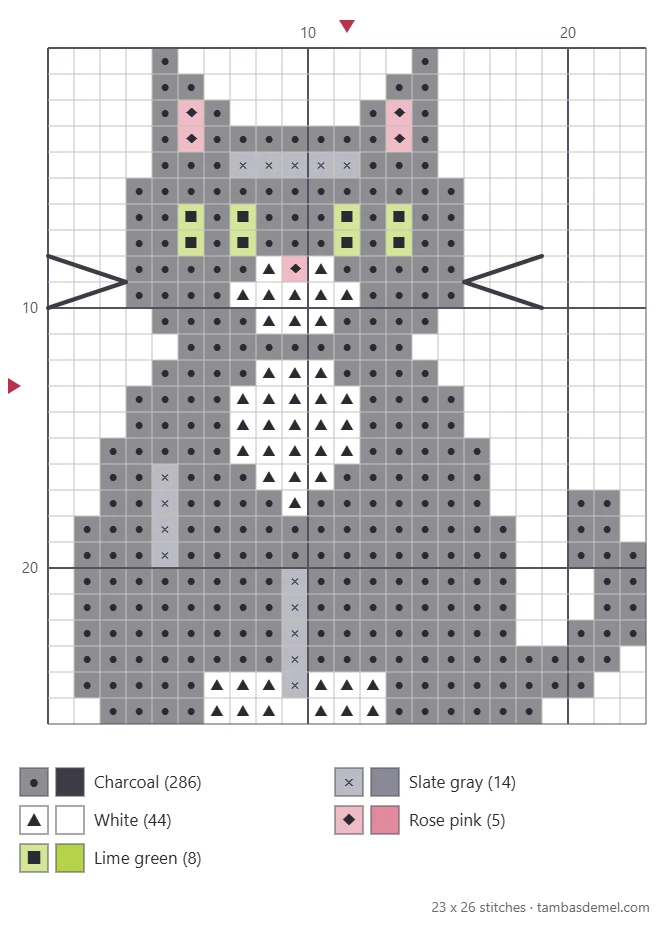 Printable symbol chart of the sitting cat cross stitch pattern with grid, center arrows and key