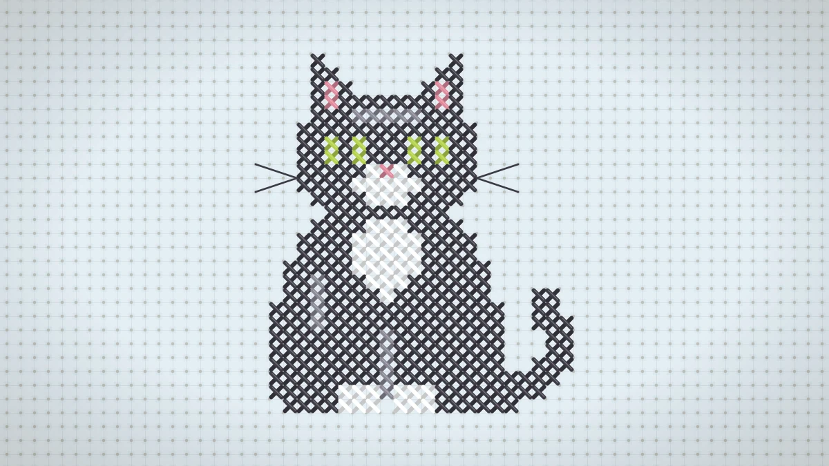 Charcoal sitting cat with white bib and green eyes cross stitched on pale blue Aida
