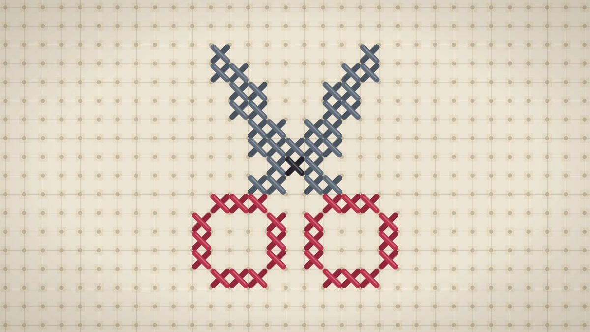 Cross stitched pair of open scissors with steel gray blades and red handles on oatmeal Aida