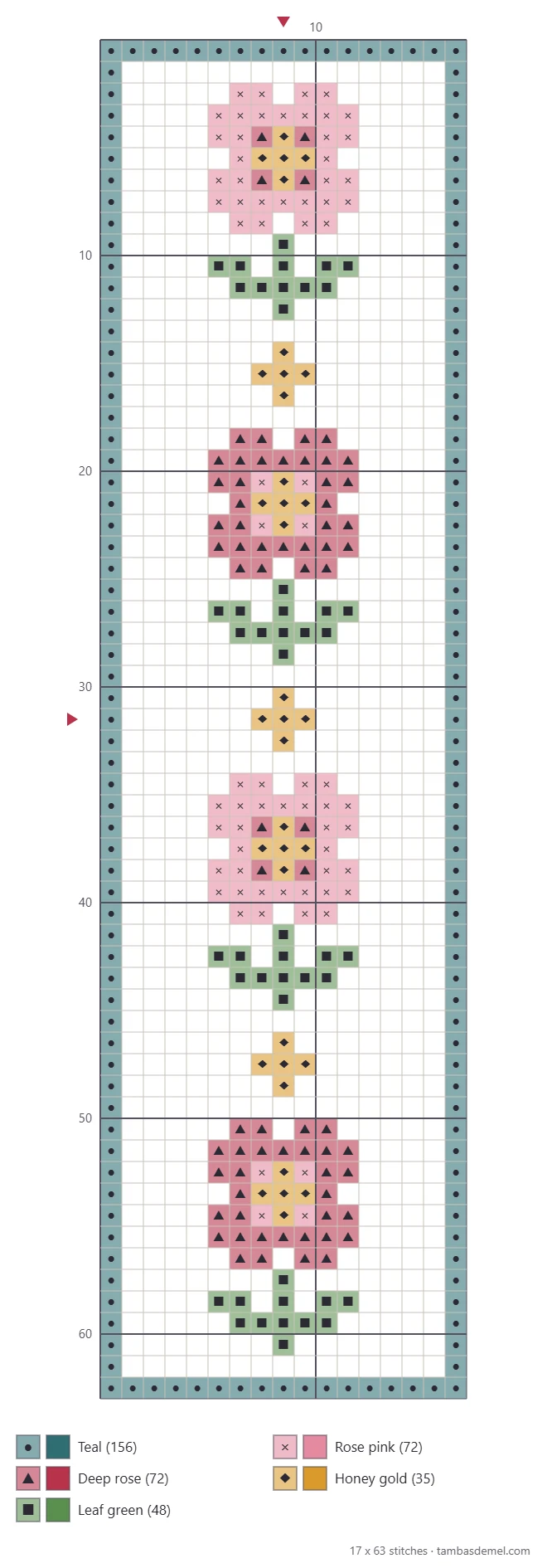 Printable tall cross stitch bookmark chart with four blossoms, honey diamonds and a teal border