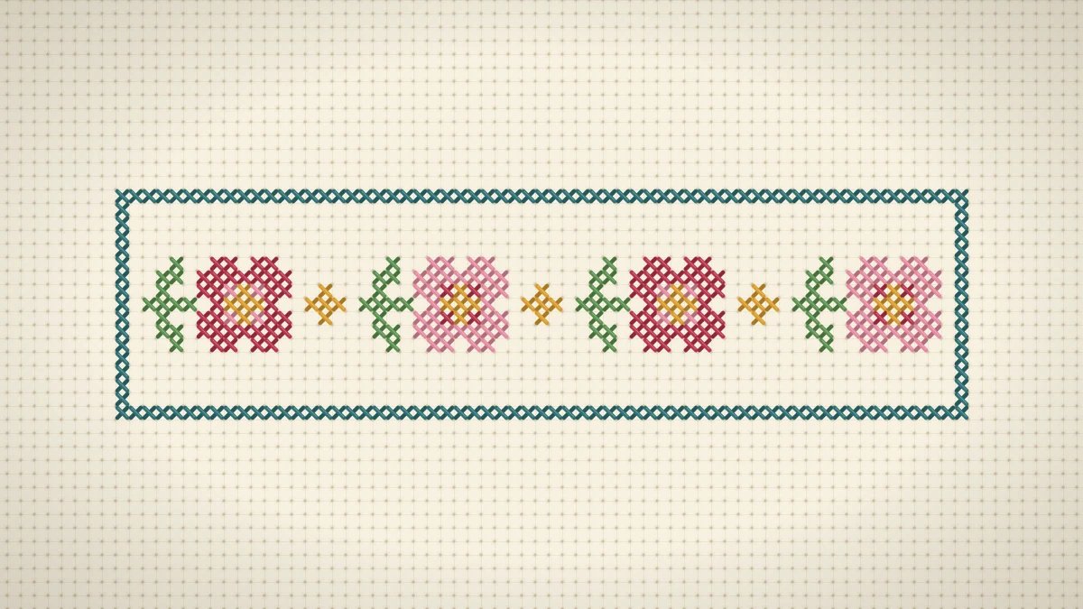 Tall cross stitch bookmark with pink blossoms, honey diamonds and a teal border on cream Aida
