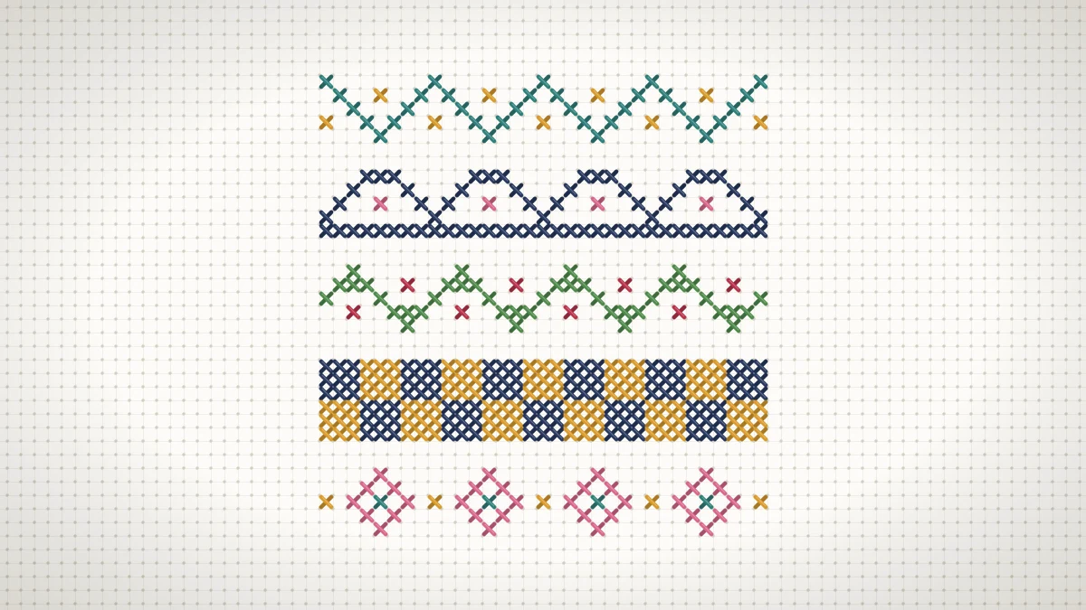 Five stitched cross stitch borders on white Aida: teal zigzag, navy scallop, green vine, checker band and pink diamond chain