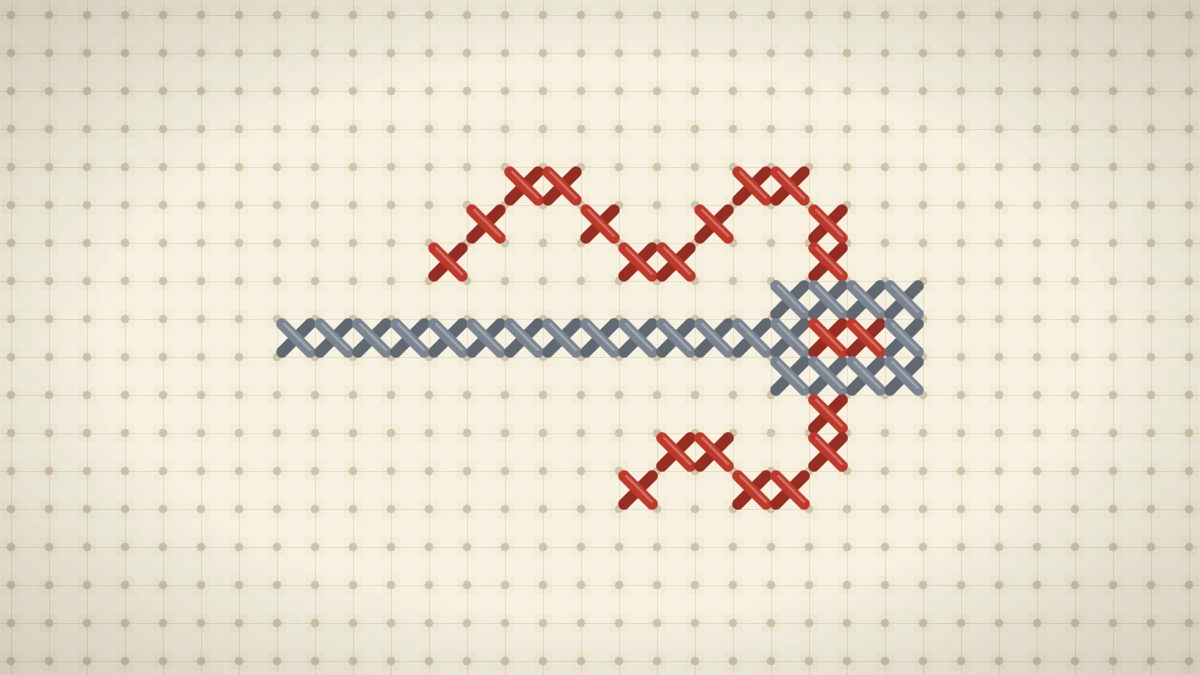 Cross stitch motif of a gray needle with red thread looped through its eye