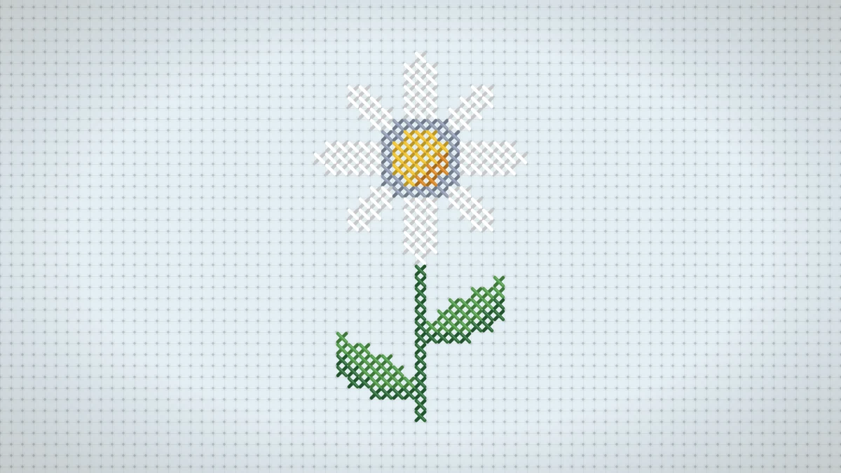Stitched white daisy with a golden yellow center, green stem and two leaves on sky blue Aida