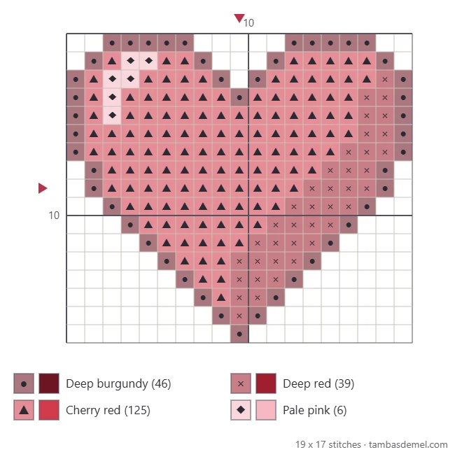 Printable cross stitch chart of a shaded red heart with symbols, grid lines and center arrows