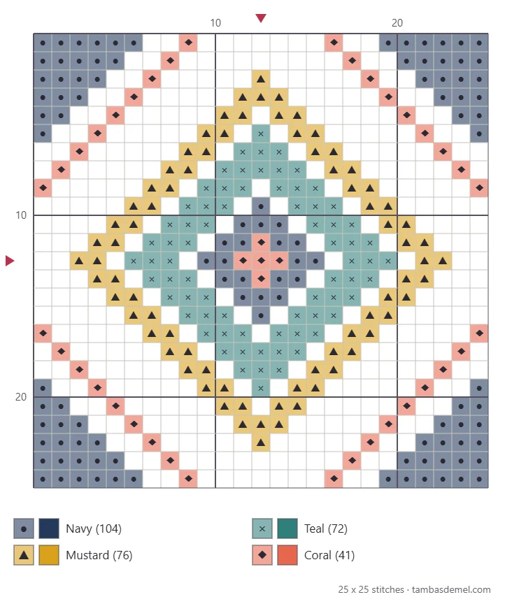 Printable chart of a square geometric cross stitch tile with nested diamonds and corner triangles