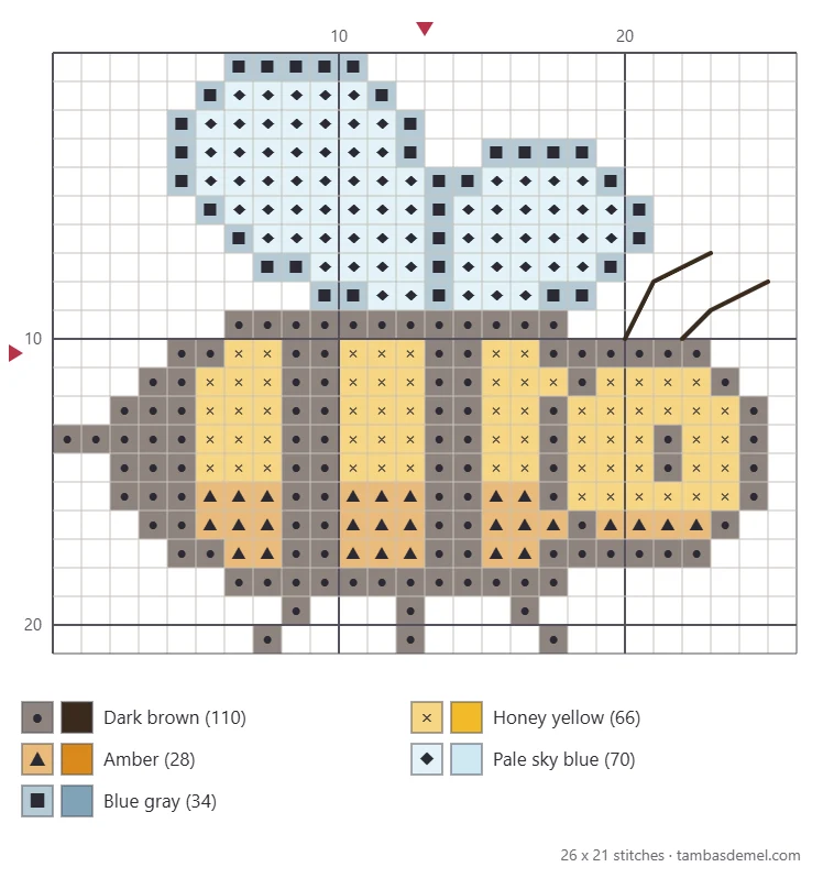 Printable symbol chart of the honey bee cross stitch pattern with grid, center arrows and color key