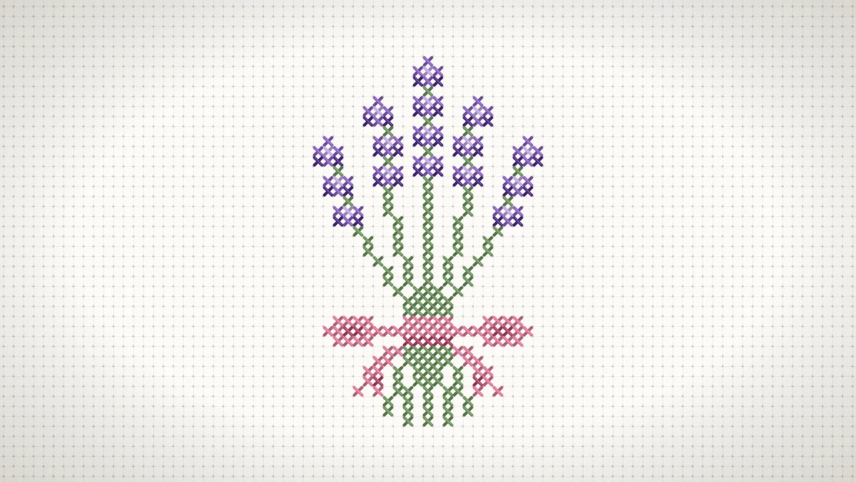 Stitched bunch of five purple lavender sprigs with sage green stems tied by a pink bow on white Aida