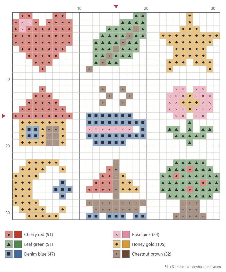 Printable chart of nine mini cross stitch motifs arranged in three rows with a color key