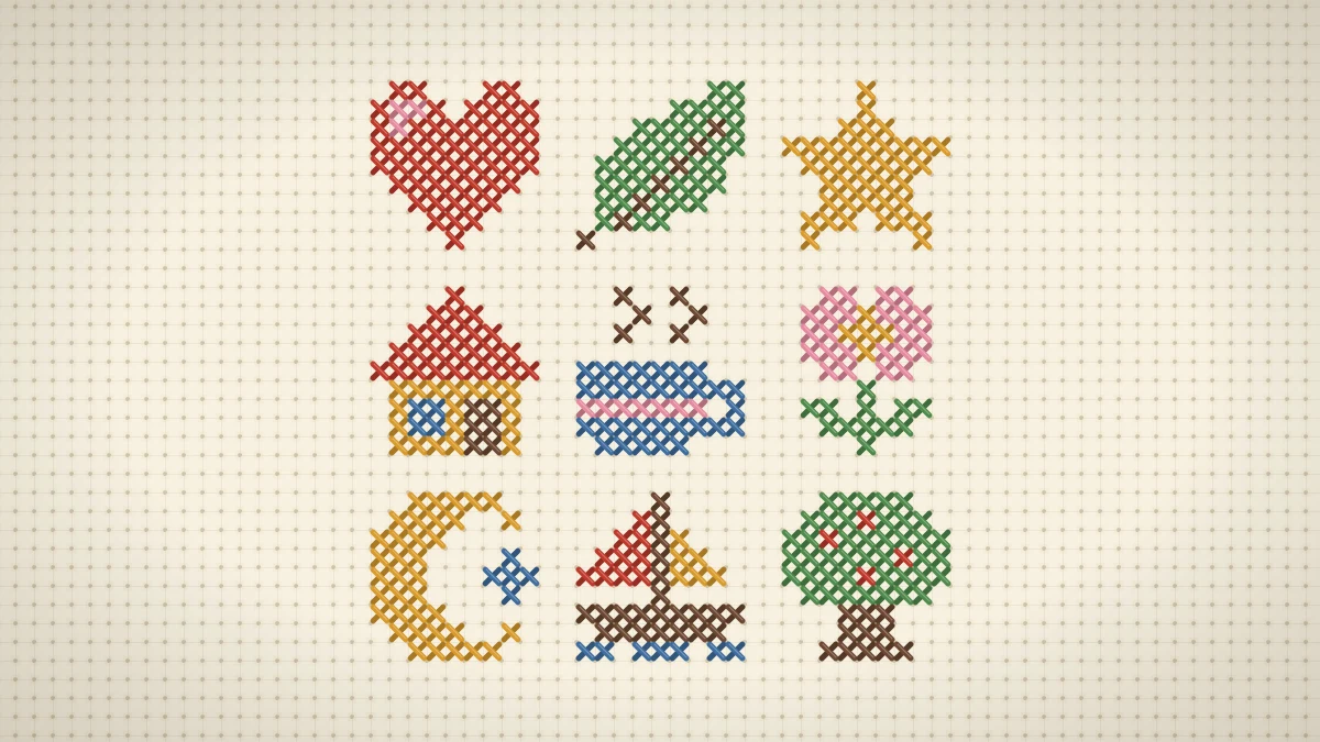 Nine tiny cross stitch motifs stitched on cream Aida, including a heart, star, house, cup and sailboat