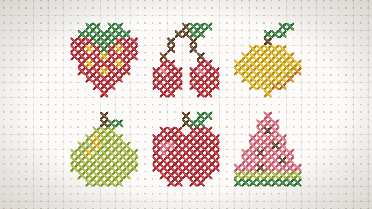 Six mini cross stitch fruits on white Aida: strawberry, cherries, lemon, pear, apple and watermelon wedge
