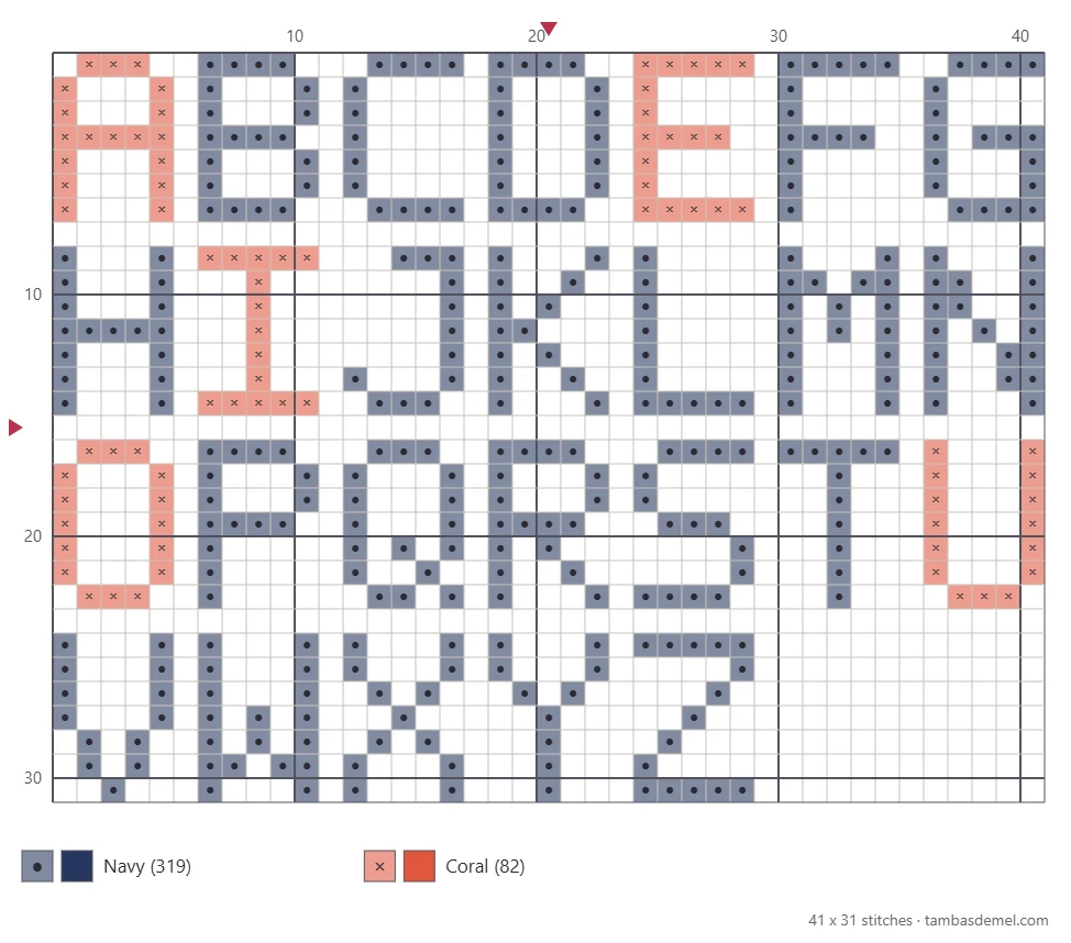 Printable chart of a block cross stitch alphabet from A to Z, each letter five by seven stitches