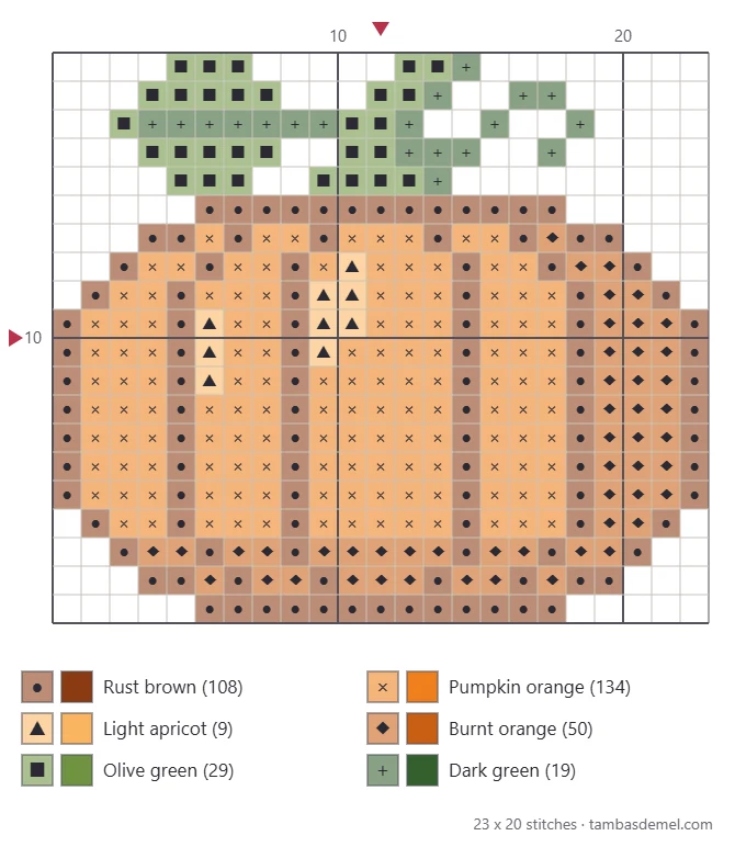 Printable pumpkin cross stitch chart with symbols, grid lines, center arrows and a six-color key